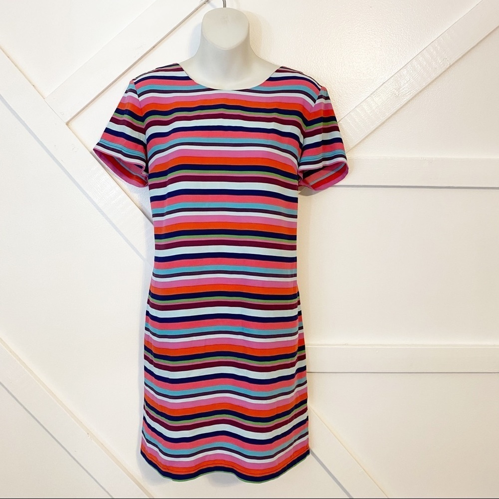 Paraphrase Striped Short Sleeve Zip Back Mini Shift Dress Multicolor Sz Medium